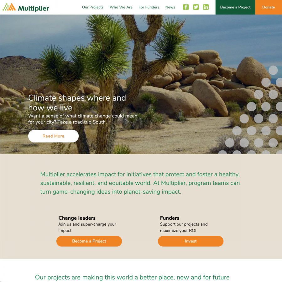screenshot of the Multiplier homepage showing a hero image of a desert scene, mission statement and calls to action for potential projects and funders
