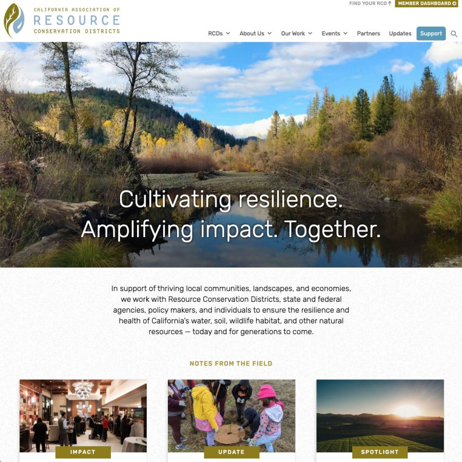 screenshot of the CARCD homepage showing a hero image of a landscape with a lake and forest, a mission statement, and blocks with recent updates