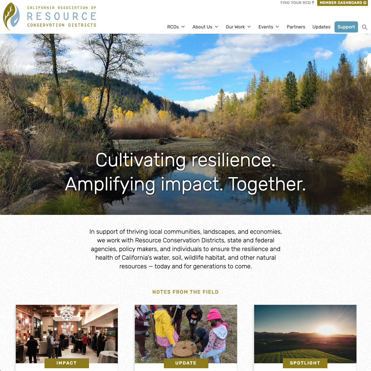 screenshot of the CARCD homepage showing a hero image of a landscape with a lake and forest, a mission statement, and blocks with recent updates