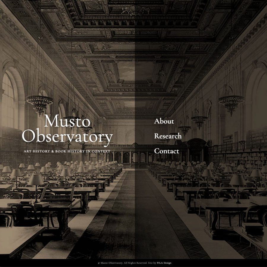 screenshot of the Musto Observatory homepage showing an antique illustration of the inside of the New York Public Library covering the entire page with the site name and a minimal navigation menu overlaid