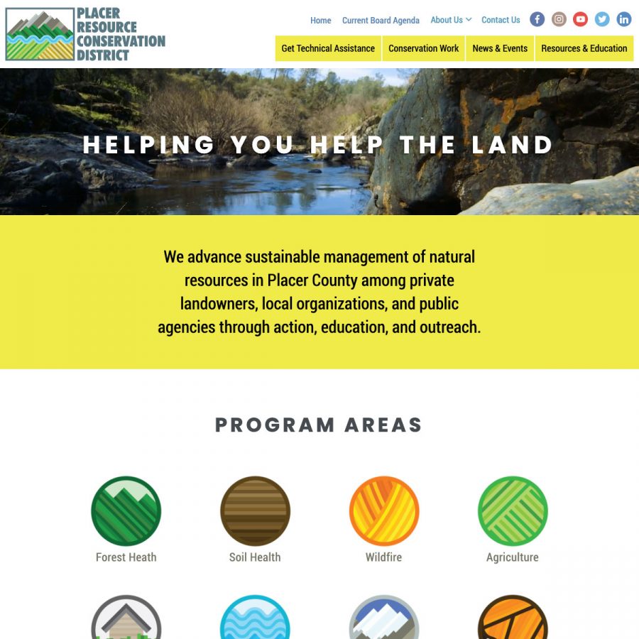 screenshot of the Placer RCD homepage, with a shallow video header, large mission statement, and icons for various program areas